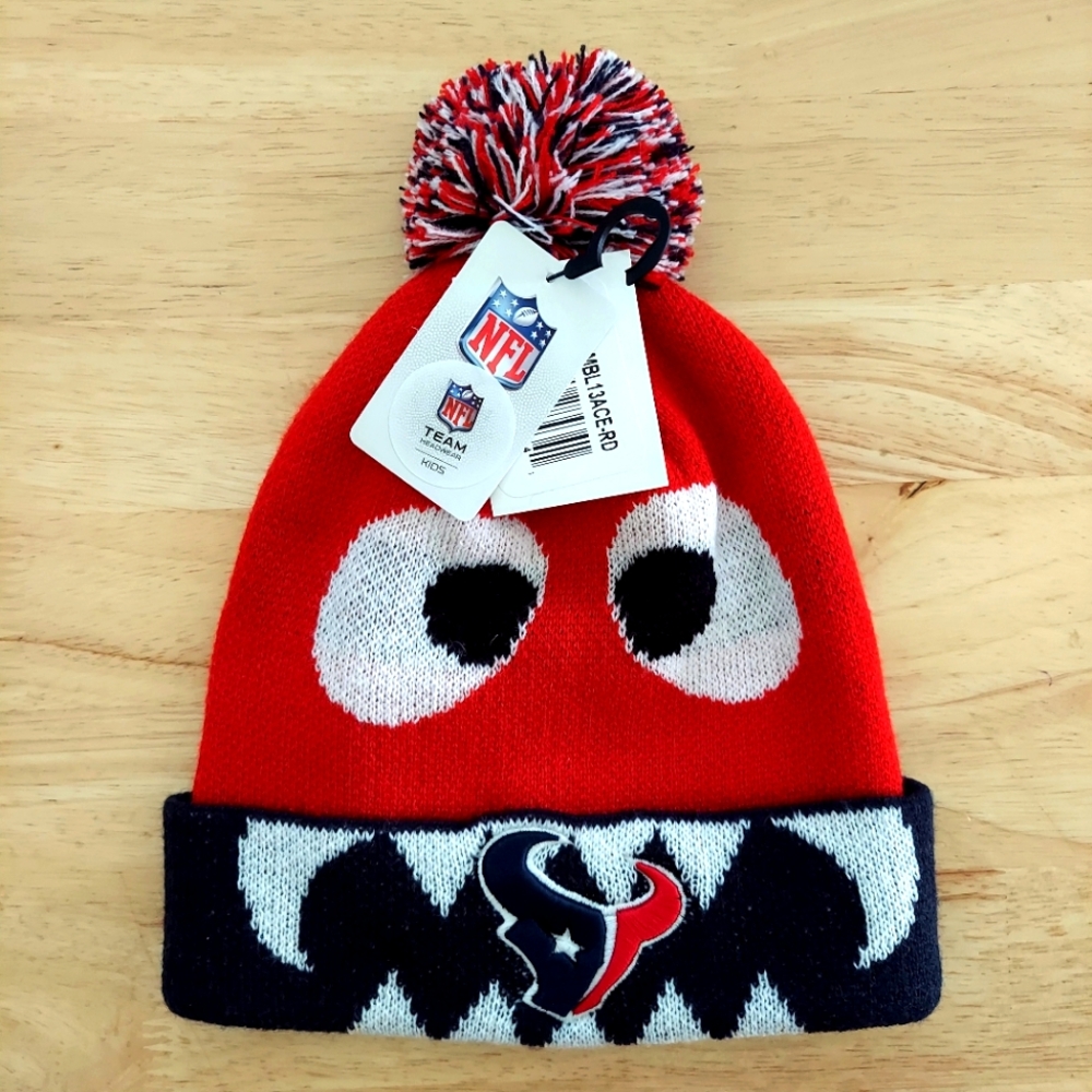 Houston Texans Kids Hat Knit Roll Cuff Pom Abominable Snowman Googly Eyes New